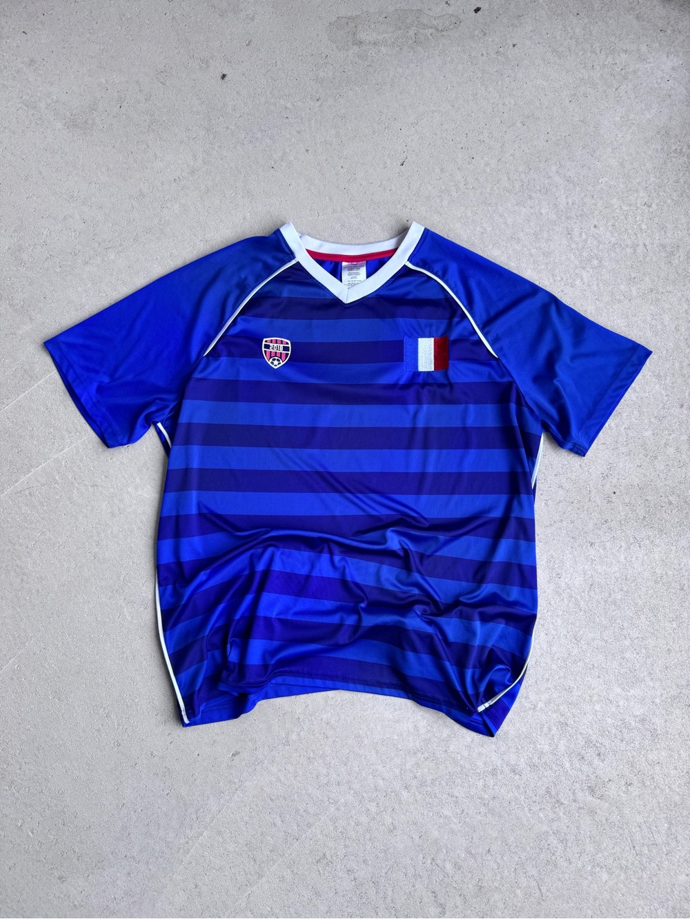 Men's Blue Striped Athletic Soccer Jersey with Chest Crest